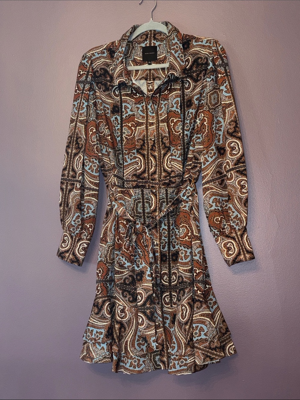 Alex Marie Women’s Paisley Shirt Dress - Brown & Light Blue with belt 16 NWOT